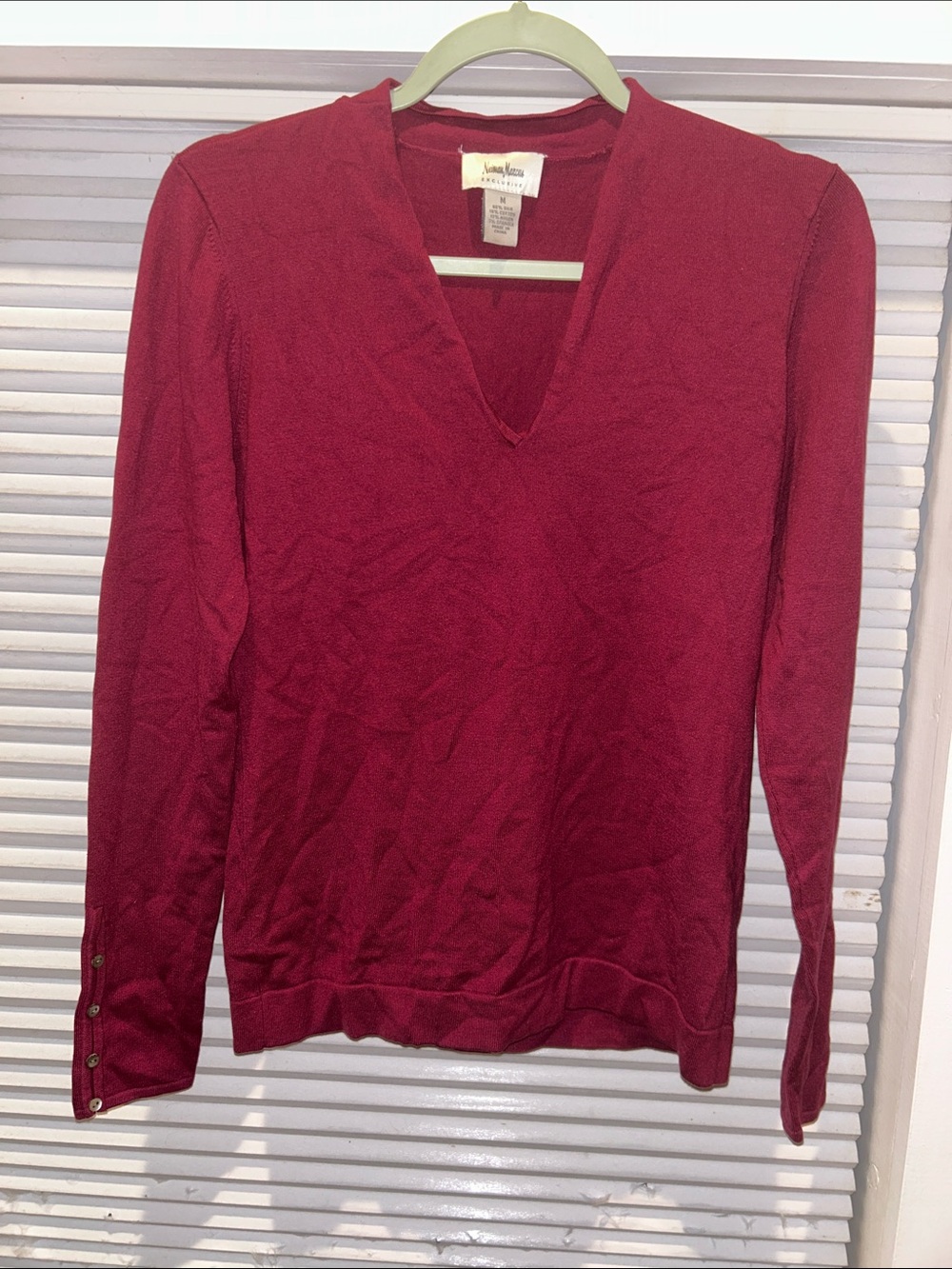 Neiman Marcus Silk Blend V Neck Sweater Burgundy Button Cuff Fine Knit Women M